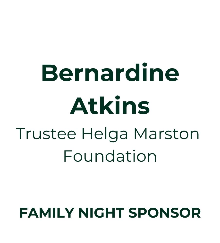 Bernardine Atkins - Trustee Helga Marston Foundation, Family Night Sponsor logo recognition.