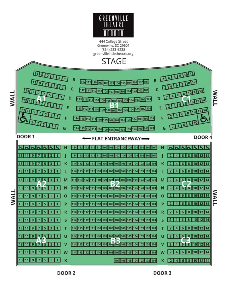 Seating Chart marked with seat numbers, sections and doors.